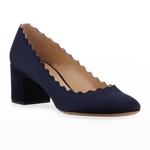 Chloe Lauren Scalloped suede block heel pumps. Navy blue size 8